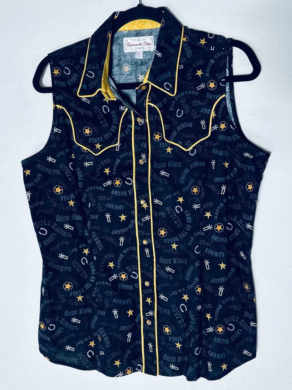 Vintage Panhandle Slim Black Yellow Pearl Snap Cowboy Novelty Print Top L